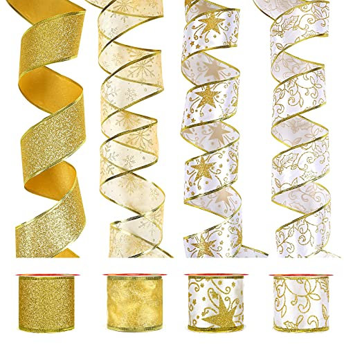 LIHAO 4 Rolle Band für Weihnachtsbaum Deko Weihnachtsbänder Weihnachten Christbaumschmuck Schleifenband Golden Dekoband weihnachtsbaumschmuck für Hochzeit Party Weihnachten (6.3 cm x 6m)