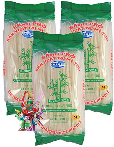 3er Pack - BAMBOO TREE [ 3x 400g ] Vietnam Reisnudeln | 3mm Banh Pho | Bandnudeln | Rice Noodles + ein kleiner Glücksanhänger gratis