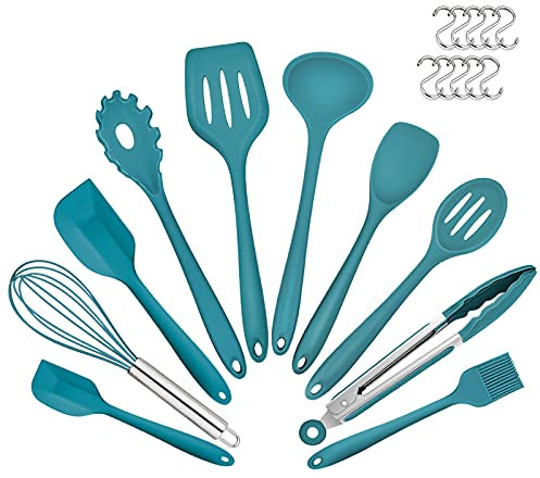 Silicone Kitchen Utensil Set, Homikit 10 Piece Non-Stick Cooking Utensils with 10 Hooks, Heat Resistant Kitchen Tools Include Cooking Spoon Spatula Turner for Cookware, Dishwasher Safe, Dark Blue