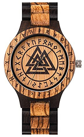 YCYR Handgemachte Holzuhr, Nordische Wikinger Valknut Rune Symbol Quarzuhren, Herren Vintage Verstellbare Armbandkette Schmuck Geschenk