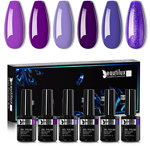 Beautilux Smalti Semipermanenti Viola, 6 Pcs Smalto Semipermanente Profondo e Chiaro Glitter, Soak Off UV Per Unghie Manicure 10ML