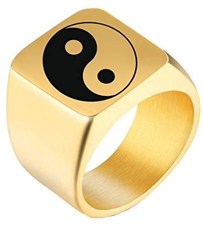 PAURO Herren Edelstahl Quadratische Religion Tai Chiba Hängender Yin Yang Ring Gold Größe 68 (21.6)