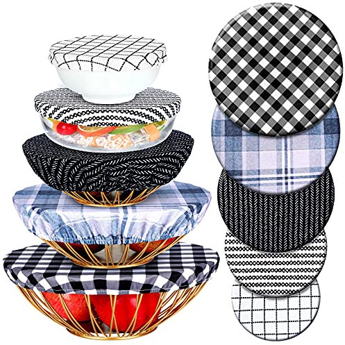Patelai 10 Pcs Bowl Covers Reusable in 5 Size Stretch Cloth Fabric Elastic Food Storage Bowl Covers Bread Sourdough Lids for Proofing Food Fruits Leftover(Simple Style)