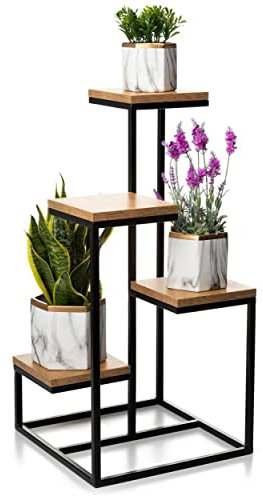 HowHomely 4 Etagen Blumentreppe - Metall Pflanzentreppe 79 cm Hoch - Blumenregal mit MDF-Platten in Eichenoptik für 4 Blumen - Blumenständer für die Innendekoration (Eichen)