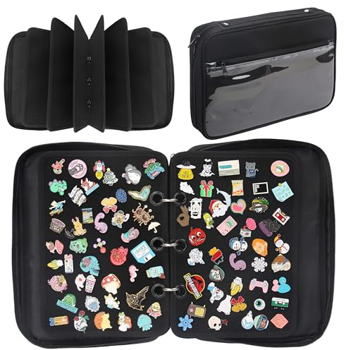 PACMAXI Emaille-Pin-Präsentationsseiten, Pin-Tragetasche, Stifte-Sammlungs-Aufbewahrungs-Organizer-Kasten, Reisebroschen-Anstecknadel-Präsent, Schwarz mit 6 Ordnern, Modern