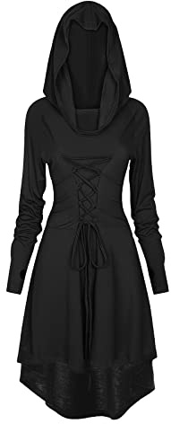 FSUJWOA Disfraz renacentista para Mujer, Vestido gótico, Vestido de Mujer Medieval renacentista con Capucha, Vestido de Halloween, Fiesta(Negro, XXL)
