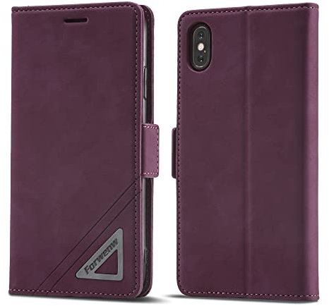 LOLFZ Case for iPhone X/iPhone XS, Vintage Flip Folio Leather Wallet Case Card Slots Kickstand Magnetic Closure Shockproof Protective Cover for iPhone X/XS - Wine Red