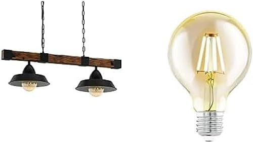 EGLO Pendellampe Oldbury, Vintage Pendelleuchte im Industrial Design inkl. 2 LED Leuchtmittel, Hängelampe aus Stahl und Holz, Schwarz, braun rustikal, 86 cm