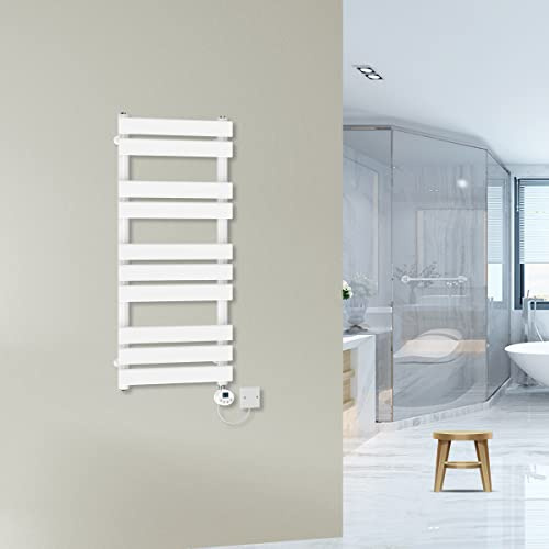 Warmehaus Prefilled 1000x450mm Flat Electric Heated Towel Rail White 500W | Thermostatic Bathroom Radiator, LCD Display, Timer, T Piece, Wall Mounted