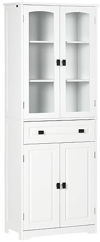 HOMCOM Kitchen Cupboard, Freestanding Storage Cabinet with 2 Adjustable Shelves, Drawer and Glass Door for Living Room, Dining Room, 160cm, White