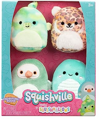 Squishville SQM0469-4er Pack Prähistorisches Squad, superweiche Mini-Squishmallows, 5cm Plüschfiguren