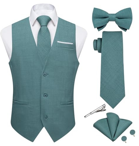 DiBanGu Herren-Anzugweste aus Leinen, legere Weste, Krawatte und vorgebundene Fliege, Set mit 6 Stück, einfarbig, für Hochzeit, Party, Blaugrün/Ein Hauch von Paradies (Trace of Paradise), XXX-Large