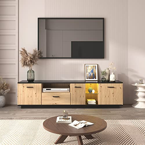 BTM Meuble TV LED, Etagère en Verre & 3 Portes & 2 Compartiments Ouverts & 1 Tiroir, Banc TV Table Tele Bas pour Salon Chambre, Noir et Bois Naturel, 180 x40x45cm