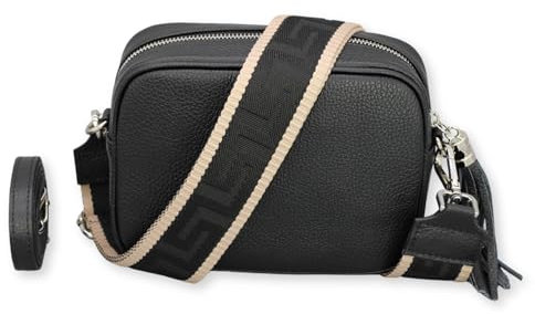 BRISE Umhängetasche Damen Echtleder KIRA Silber Handgemachte Crossbody Bag Schultertasche mit Ledergurt + Optionalen Breiten Gemusterten Riemen Verstellbarer Gurt Made in Italy (Schwarz - 4)