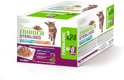 Natural Trainer Cibo Umido per Gatti Adulti Sterilizzati, Multipack Tacchino e Merluzzo, 24 x 85 g