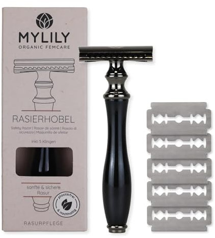 MYLILY Rasierhobel inklusive 5 Rasierklingen I deine perfekte Rasur I Rasierhobel Damen I Safety razor I Rasierhobel Damen Intimbereich I Rasierer plastikfrei I zero waste shaving I Schwarz