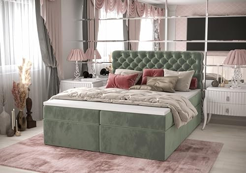 Verona Idee Boxspringbett Mercury 140x200 Größen Inkl. Lattenrost 2 Bettkasten Bonell Matraze und Toper 4cm -Grün-