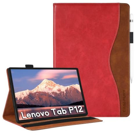 CASAFUNY Hülle für Lenovo Tab P12 12.7 2023,Rot | mit Stifhalter,Fronttasche,PU Leder,Multi-Winkel,Dokumentschlitze,Schutzhülle für Lenovo Tab P12 2023 12.7 Zoll
