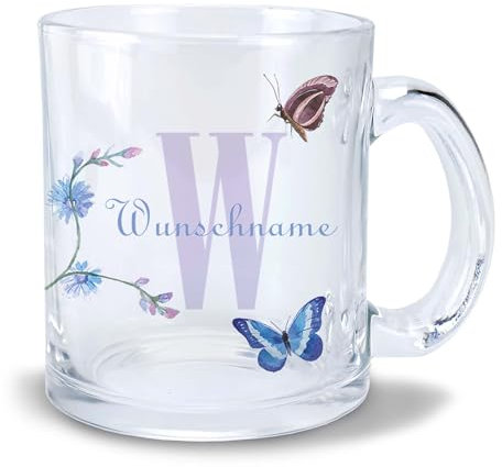 Kiwistar Tasse transparent Glas - Schmetterling - individuell personalisiert mit Wunschtext bedruckt - Texttasse selbst gestalten - Tassen selber personalisieren - Spruch - Geschenk - Motivtasse