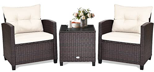 GIANTEX Salon de Jardin 2 Personnes en Rotin, Mobilier Jardin avec 2 Fauteuils, Coussins Amovibles, Table Basse Plateau en Verre Trempé, pour Balcon, Cour, Marron + Blanc