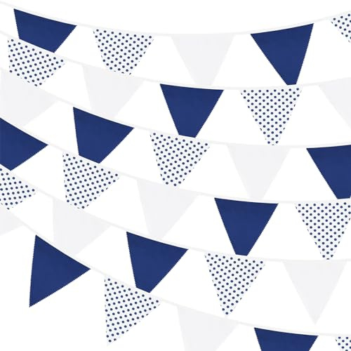 G2PLUS Blue and White Dots Fabric Banner, 12M Dots Fabric Bunting, Large Cotton Triangle Garland with 42PCS Dots Blank Pennants for Wedding Birthday,Kid's Bedroom, Playhouse, Garden,Decoration