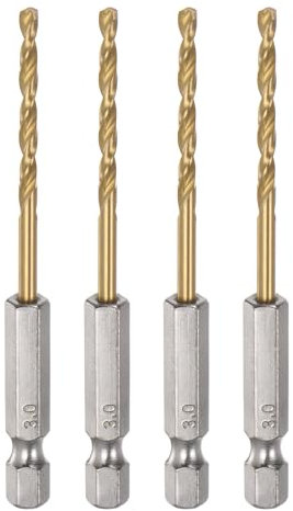 sourcing map 4pcs 1/4 Hex Shank Drill Bits 3mm Titanium Drill Bits Set M35 High Speed Steel Twist Drill Bit 80mm Long Fully Ground for Wood, Stainless Steel, Metal, Plastic Plastic