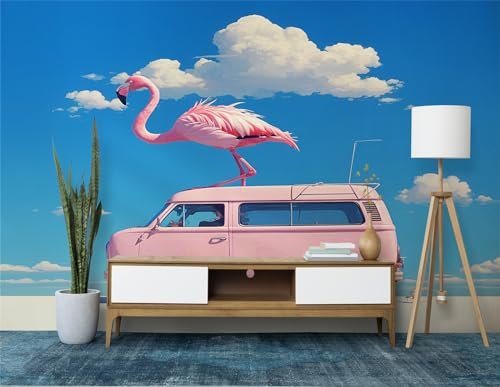 Fototapete Rosa Flamingo Autoreise Tapete 300 x 210 cm (B x H), Blau Tapeten Vliestapete, Modern Wandtapete Wohnzimmer Schlafzimmer Kinderzimmer Wanddeko Motivtapeten Fototapete