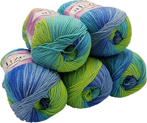 500g Strickwolle Ilkadim Export Cotton gold mit Farbverlauf mehrfarbig, 5 x 100 Gramm Strickgarn 55% Baumwolle (blau mint grün 4146)