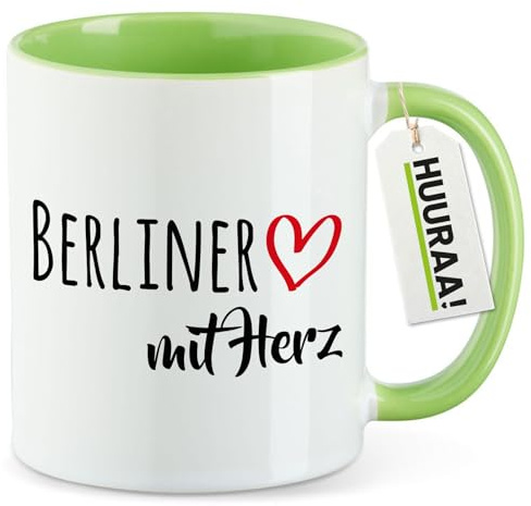 Huuraa Kaffeetasse Berliner mit Herz Geschenk | Motivtasse 330ml Grün Keramik Tasse mit Spruch Kaffeebecher Geschenkidee Becher mit Motiv