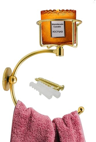 ICCTUO Goldener Handtuchhalter für Badezimmer-Wand, Handtuchhaken mit Wandkerzenhalter, eleganter Handtuchring, Roségold, stabiler Handtuchhalter, Wandmontage, Aufhänger für Badezimmer