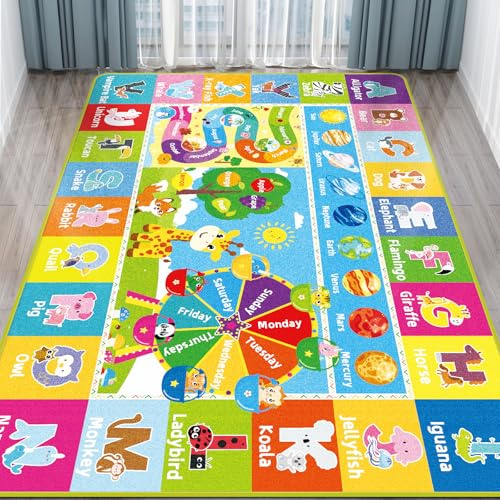 Kinderteppich fürs Spielzimmer, Kinder-Baby-Spielmatte mit Alphabet, Monat, Wetter, Woche und Formen ABC Lernteppich, Kinder-Spielteppich für Schlafzimmer Klassenzimmer (78.7X59 INCH, Riesenrad)