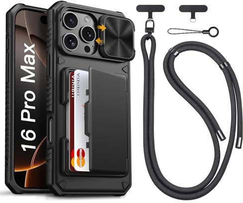 Vihibii for iPhone 16 Pro Max Case with Crossbody Lanyard Strap, Build-in Card Holder (4 Cards) & Slide Lens Cover & Kickstand & Raised Edges Protect Screen, Shockproof Rugged Phone Cover Case, Black