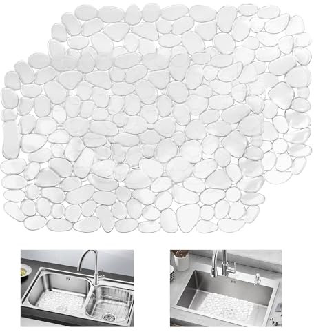 KYYGKY 2 PCS Alfombrillas Fregadero Cocina, Protector Fregadero Cocina de PVC con Diseño de Guijarros, Alfombrillas para Fregadero Antideslizante, Alfombrilla Grifo Fregadero 30x40 cm (Transparente)