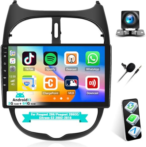 [2G+64G] Radio Coche Bluetooth para Peugeot 206/Peugeot 206CC/Citroën C2 2002-2010 con Carplay Android Auto, Radio Pantalla Táctil de 9 con GPS, WiFi, FM/RDS, EQ, Mirror Link y Cámara de Marcha