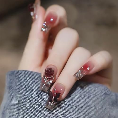 TELAIN Glittering Coffin Shaped Nail Clips, False Nail Tips, Full Coverage, Medium, Gradient Folding Nails for Women and Girls, 24 Pcs (Red Coffin)