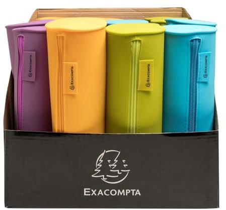 Exacompta - Réf. 52390E - Carton de 14 trousses rondes Pop'NCo - en silicone - résisatntes et lavables - matière agréable au toucher - dim 23 x 8 cm - 4 couleurs : cyan, lilas, lime mangue