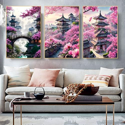 IUNTWEIE Affiche Paysage Japonaise, Temple Japonais en Automne Noir/Blanc Tableau Art Impression Décoration Murale Mur Salon Décoration, sans Cadre (C, 60x90cm*3)