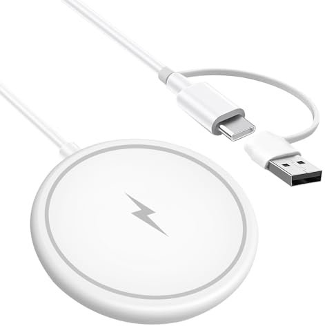 Chargeur Mag-Safe 15W Compatible iPhone 15 14 13 12 11 X XS XR SE AirPods Pro 2, Chargeurs Magnétiques sans Fil Portable Ultra-Mince, Port USB-C et USB-A, Sécurisé et Rapide, Blanc