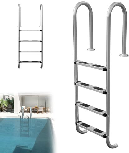 Suusolny Edelstahl Poolleiter 4-Stufen (157 cm Höhe) mit Antirutschstufen & Geschwungenem Handlauf – Schwimmbadleiter für Pools 1,4–1,6 m – Stabil & Korrosionsfest – Inkl. Montagezubehör