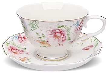 fanquare Set di tazze da caffè e piattini con fiori in ceramica, elegante tazza da tè floreale con piatto, tazza da tè in porcellana da 230 ml per cappuccino, latte, casa, caffè, regalo