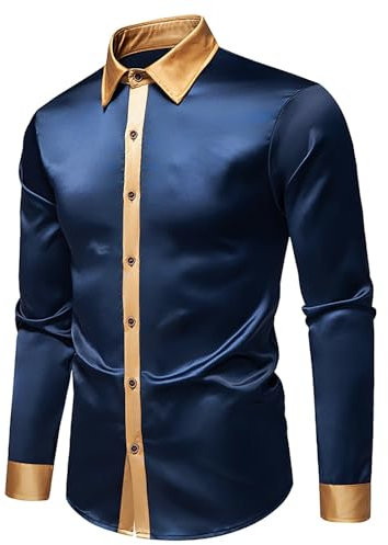 Long Sleeve Shirts for Men Satin Silk Shirt Shiny Untucked Business Dress T-Shirt Blouse Party Disco Formal Tops 2025 Camisa Manga Corta Hombre(Navy, M)