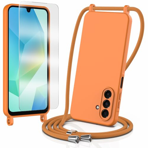 Coque pour Samsung Galaxy A17,1 Film de Protection en Verre trempé, avec Cordon, Collier Étui Souple Silicone Liquide avec Tour de Cou Lanière, Réglable, Amovible, Antichoc Bumper Housse,Orange