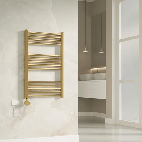 Banyetti Aureli Electric Towel Rail Radiator, 800mm x 500mm, Brushed Brass, Dual Fuel Compatible