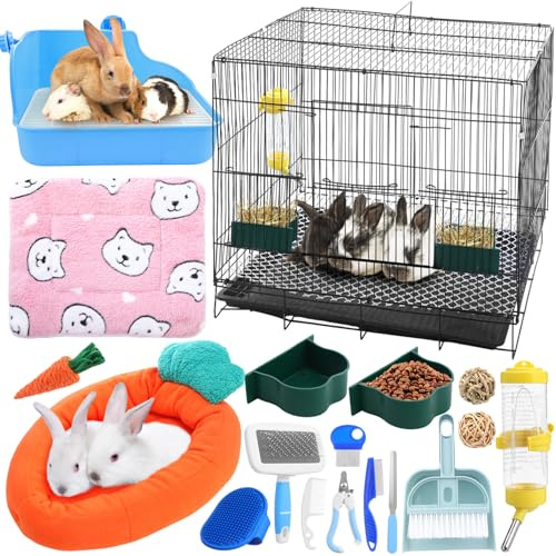 Abbylike Kaninchen-Starter-Set, Kaninchenkäfig, Kaninchenbett, Katzenkäfig, Tierkäfig mit Futterstation, Tierpflegeset, Hasenspielzeug, Decken mit Reinigungsset für Meerschweinchen, Frettchen, Zubehör