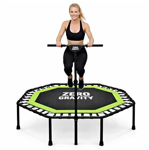 Zero Gravity Fitness Trampolin für Zuhause • Extra große Sprungfläche ideal für Jumping Fitness •Stabiles achteckiges Indoor Trampolin mit Haltegriff • Hochwertige Bungeeseilfederung • Bis 130 kg