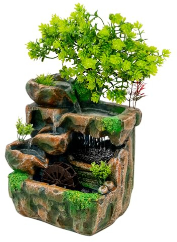 Fuente de interior fuente de mesa de resina con iluminación LED y cascada, decoración de jardín de piedra zen con sonidos de agua calmantes para relajación y meditación, ideal como decoración de