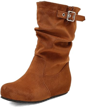 Lroey Reoly Donna Mid Zeppa Stivali a Metà Polpaccio Punta Rotonda Slouch Cx998 Marrone Numero 35 Eu