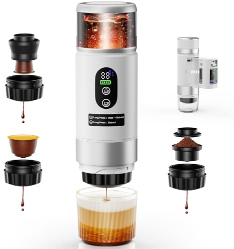 Tragbare Espressomaschine ,Mini Kaffeemaschine für Unterwegs mit 2*7500 mAh Akkus,3 in 1 Akku Kaffeemaschine mit USB,Selbsterhitzend,Kompatibel mit Gemahlenem Kaffee und Kapseln für Wandern, Camping