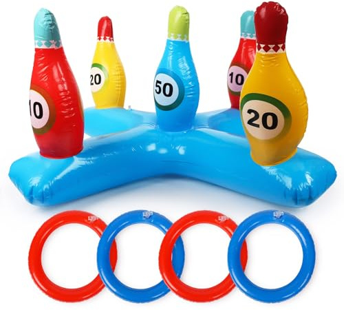 Aurihxus Diseño de Bolos, Juego de lanzar Anillos hinchables Juguetes de Piscina para Adultos niños Anillo de Lanzamiento Juego de Fiesta Juegos de lanzar a la Piscina Juguete Inflable para Piscina