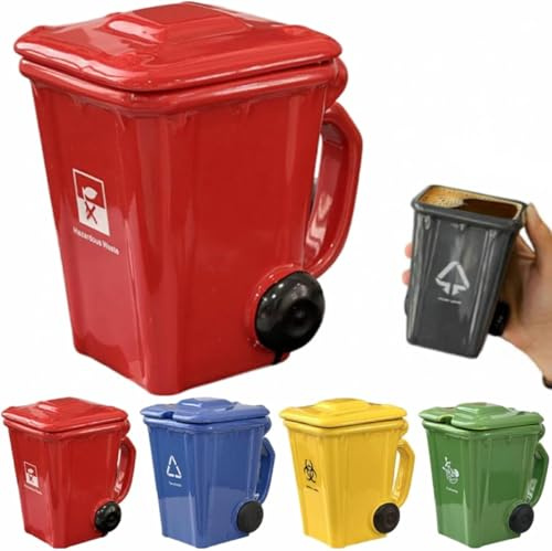 Wheelie Bin-Themed Funny Mugs, 400mL Trash Can Shaped Ceramic Coffee Cup with Complimentary Spoon, 5 Colors, Design-Led Personalised Mug - Novelty Gifts for Home & Office (Red)